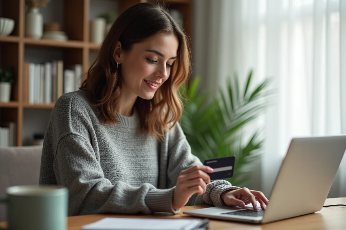 Femme tenant une carte bancaire devant un ordinateur portable lors d'un achat en ligne sans 3D Secure sur Amazon