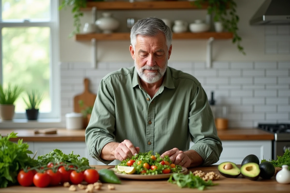 Homme senior préparant une salade nutritive dans une cuisine moderne, symbolisant l'alimentation équilibrée essentielle au bien-être après 60 ans