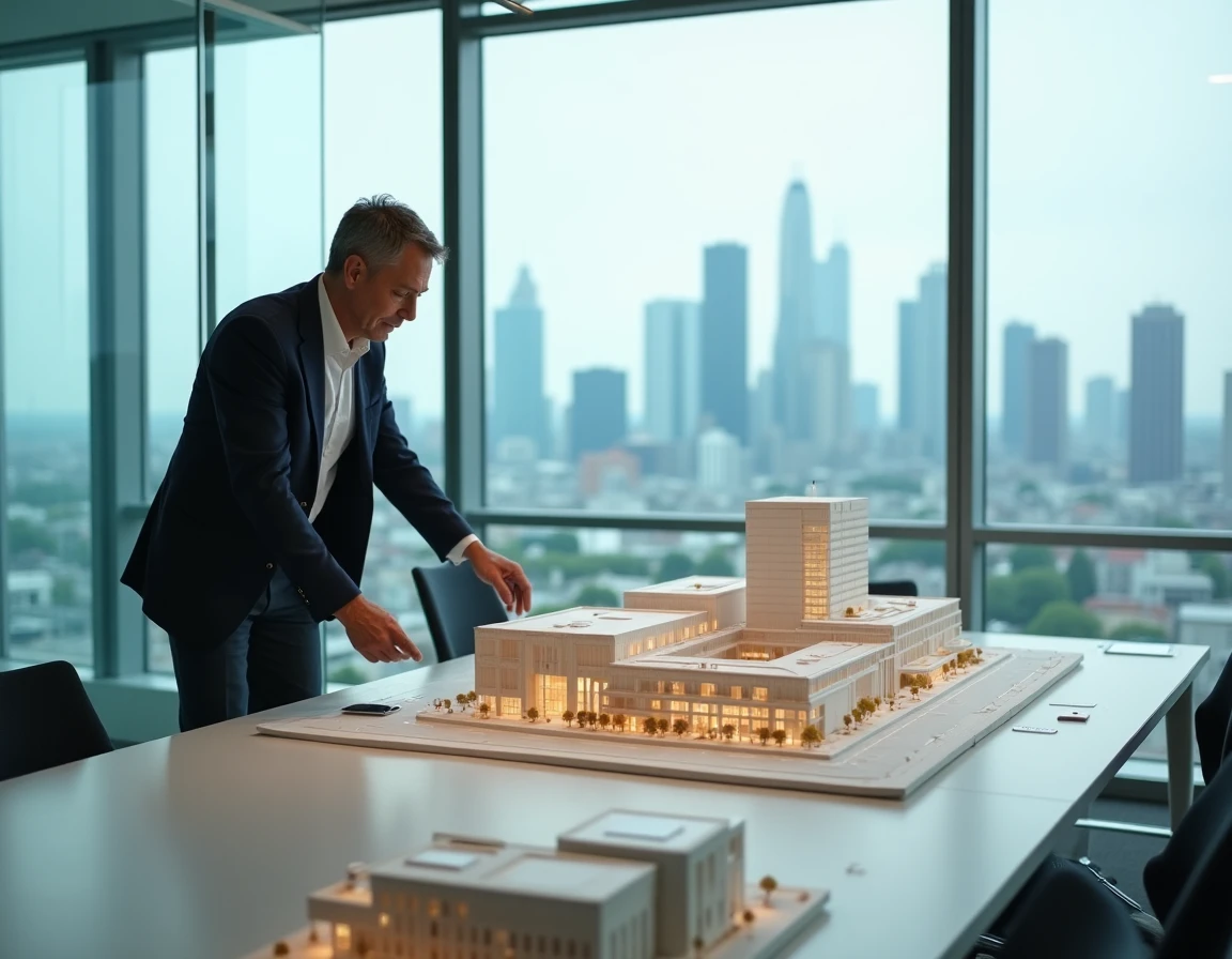 Représentant d'Altarea étudiant une maquette de projet immobilier mixte en milieu urbain