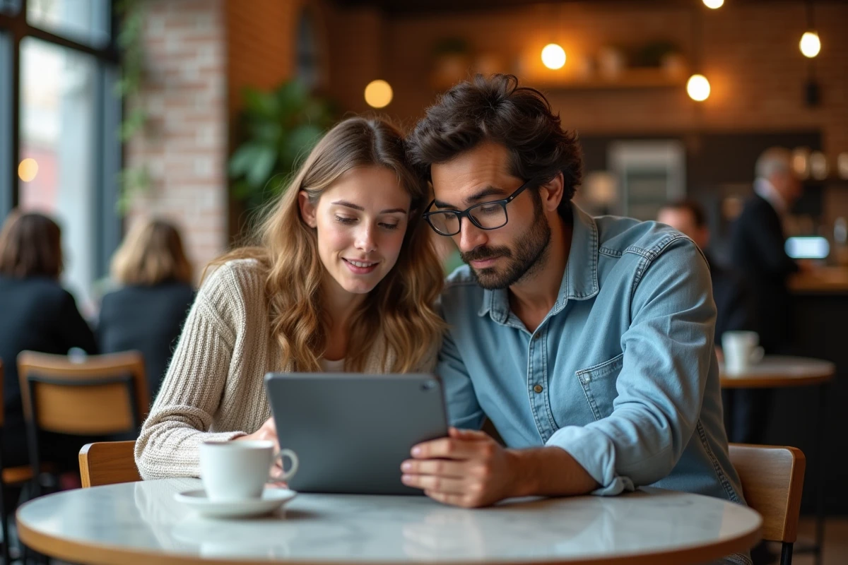 Deux amis consultant ensemble les résultats du permis de conduire sur une tablette dans un café