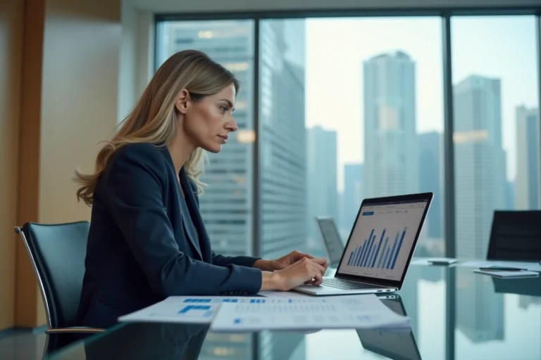Analyste financière en blazer marine étudiant des rapports bancaires dans un bureau moderne avec vue sur la ville