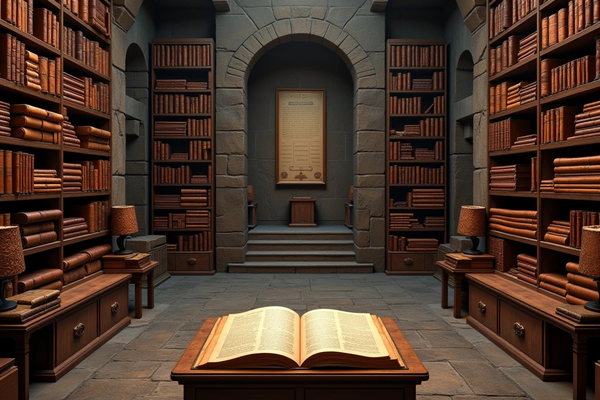 Salle d'archives historiques avec des étagères remplies de registres anciens, parchemins et sceaux de marques commerciales centenaires