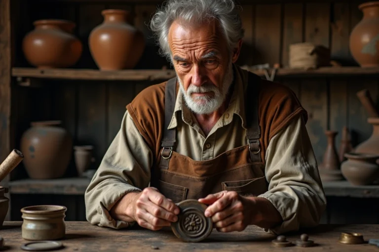 Artisan âgé examinant un sceau métallique antique dans un atelier traditionnel chargé d'histoire et d'outils centenaires