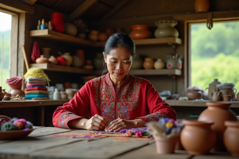 Artisane locale fabriquant des textiles traditionnels dans une coopérative communautaire rurale, symbole du tourisme solidaire et équitable