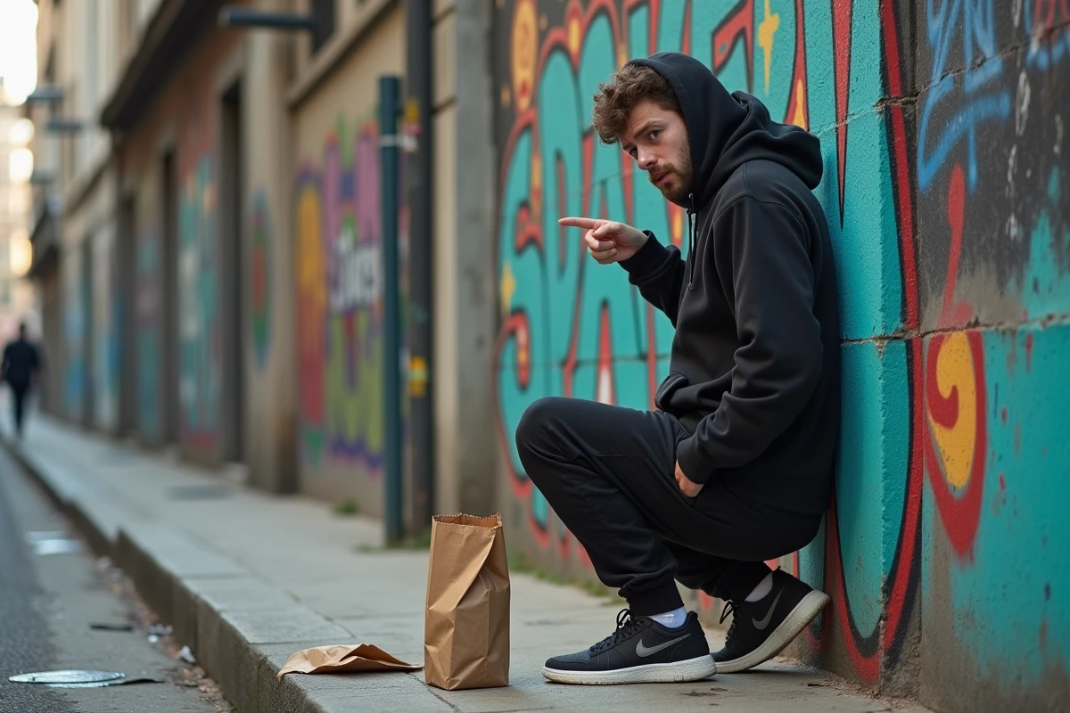 Un jeune homme en streetwear pointant un sac vide dans une rue urbaine française, illustrant 'avoir la dalle de ouf'