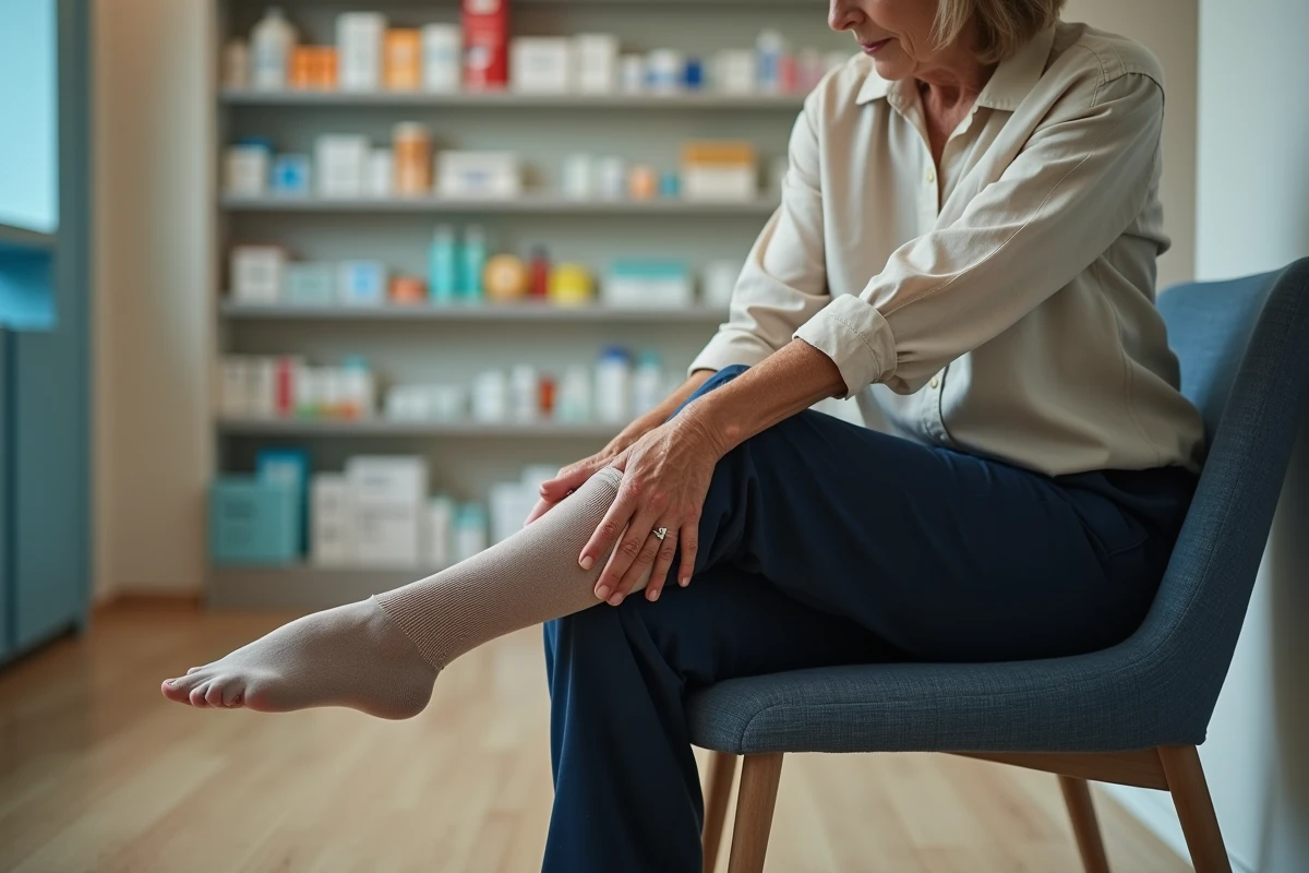 Femme en pharmacie qui remet en place un bas de contention qui a glissé sur la cheville