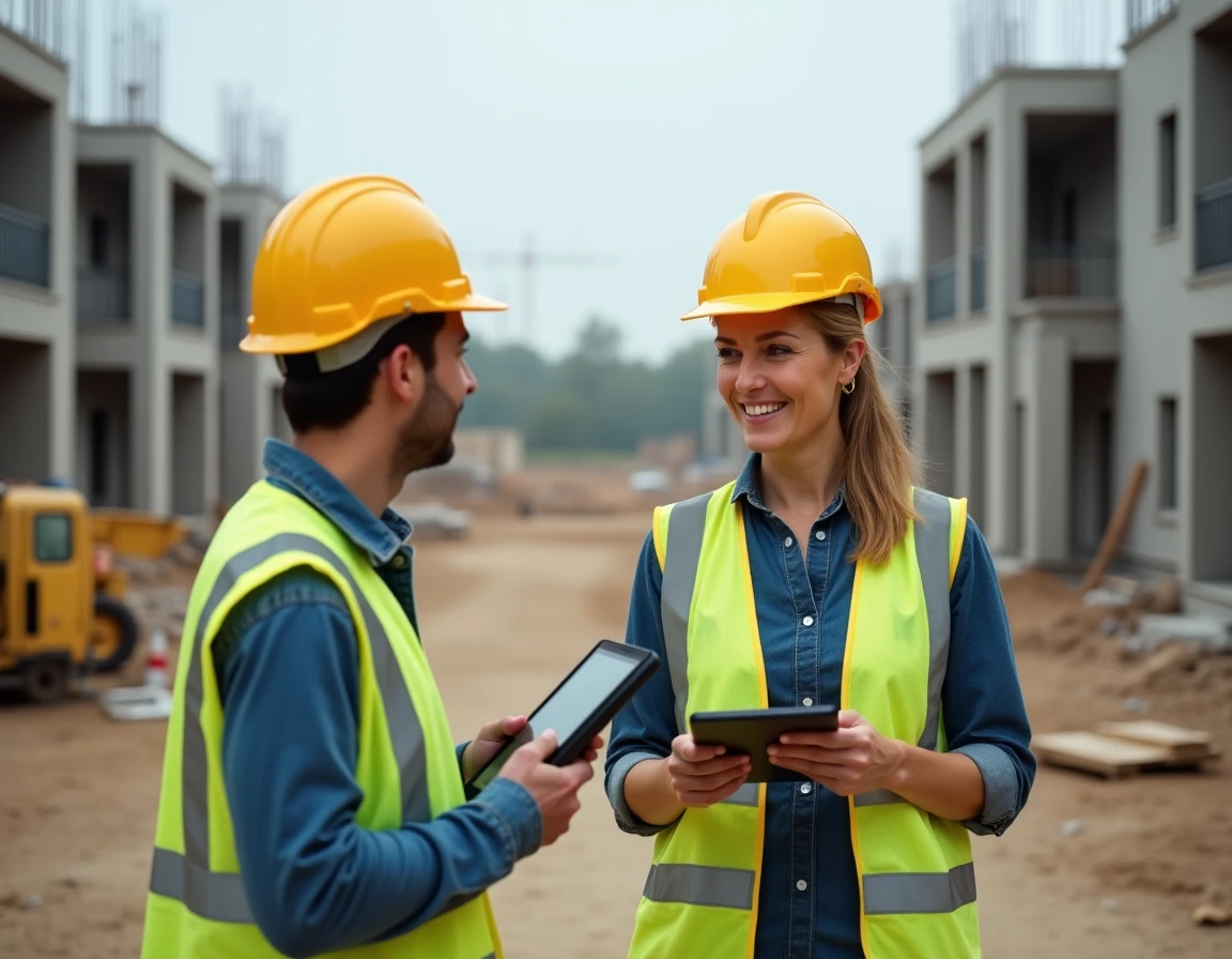 Chantier de construction Bouygues Immobilier avec une chef de chantier supervisant les travaux d'un immeuble résidentiel