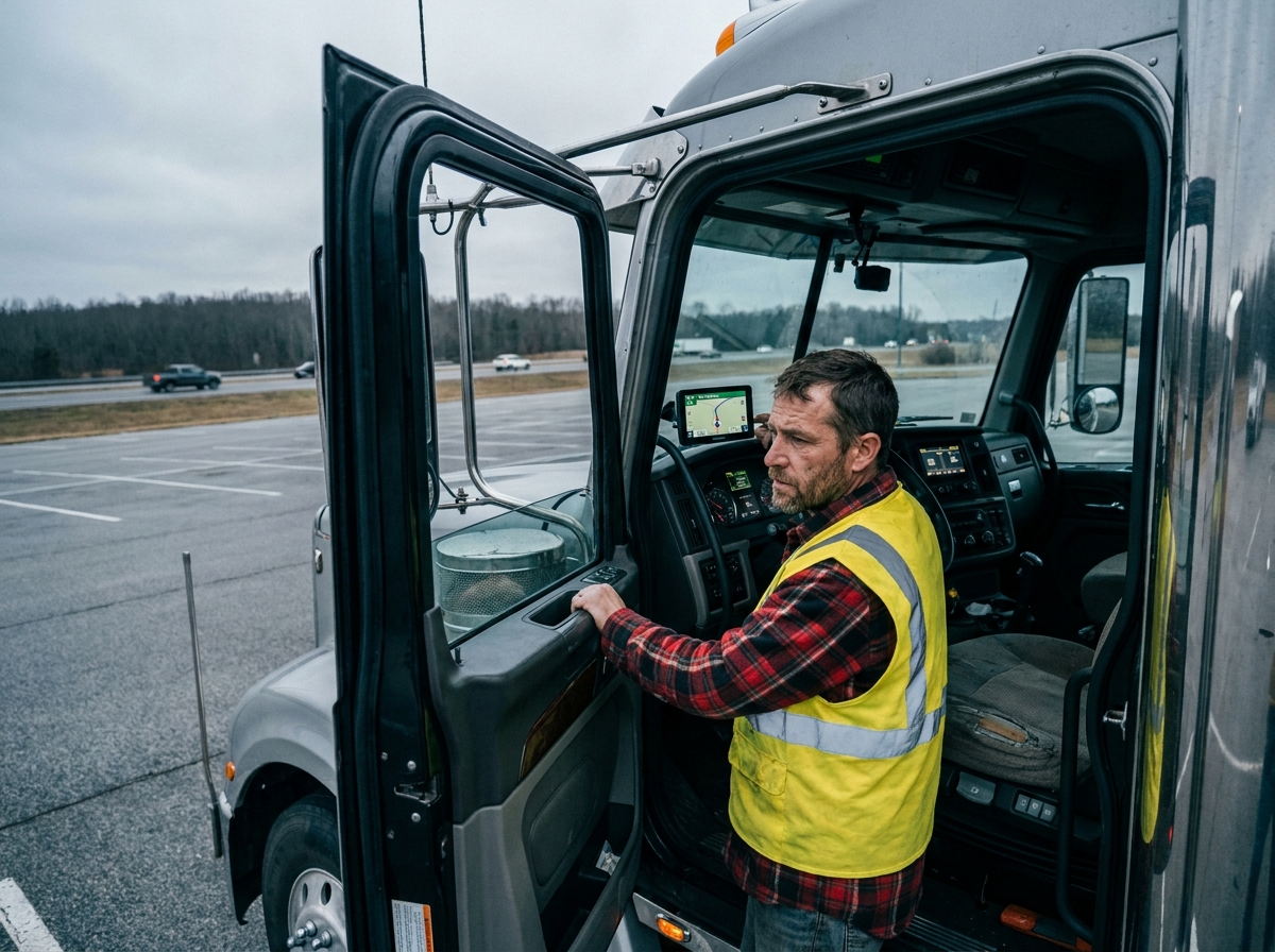 Chauffeur routier professionnel vérifiant le système de suivi GPS intégré dans la cabine de son camion poids lourd