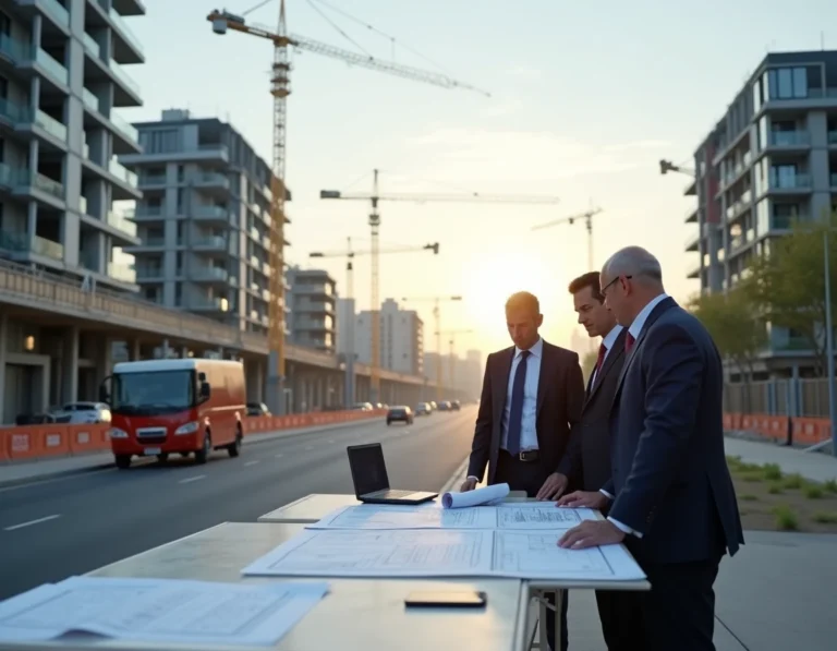 Vue d'ensemble du secteur de la promotion immobilière en France en 2024 avec des immeubles neufs et des professionnels de l'immobilier