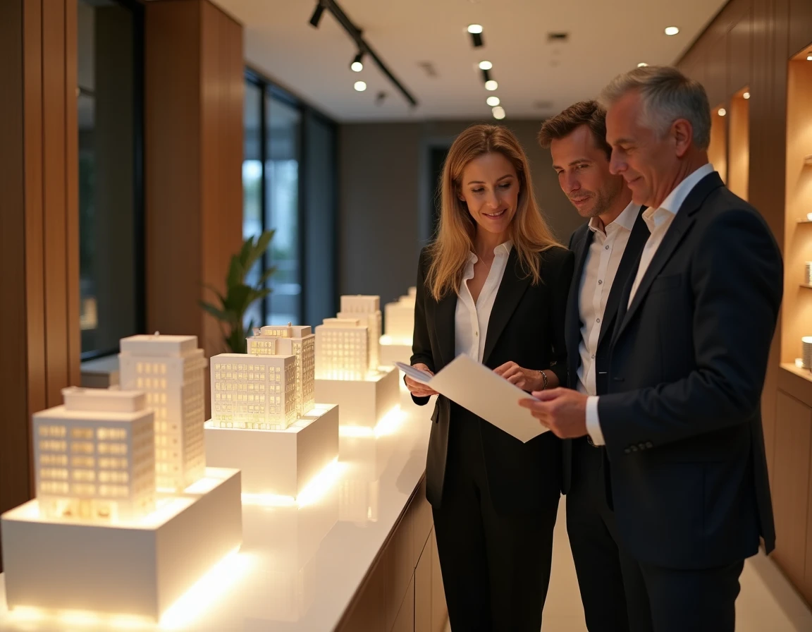 Showroom Cogedim avec une consultante immobilière présentant des résidences haut de gamme à des clients