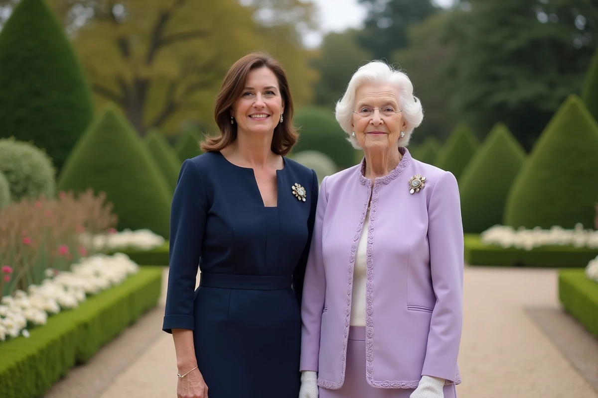 Deux femmes de générations différentes côte à côte dans un jardin anglais, montrant visuellement la différence de taille pour illustrer la stature de la reine Elizabeth II