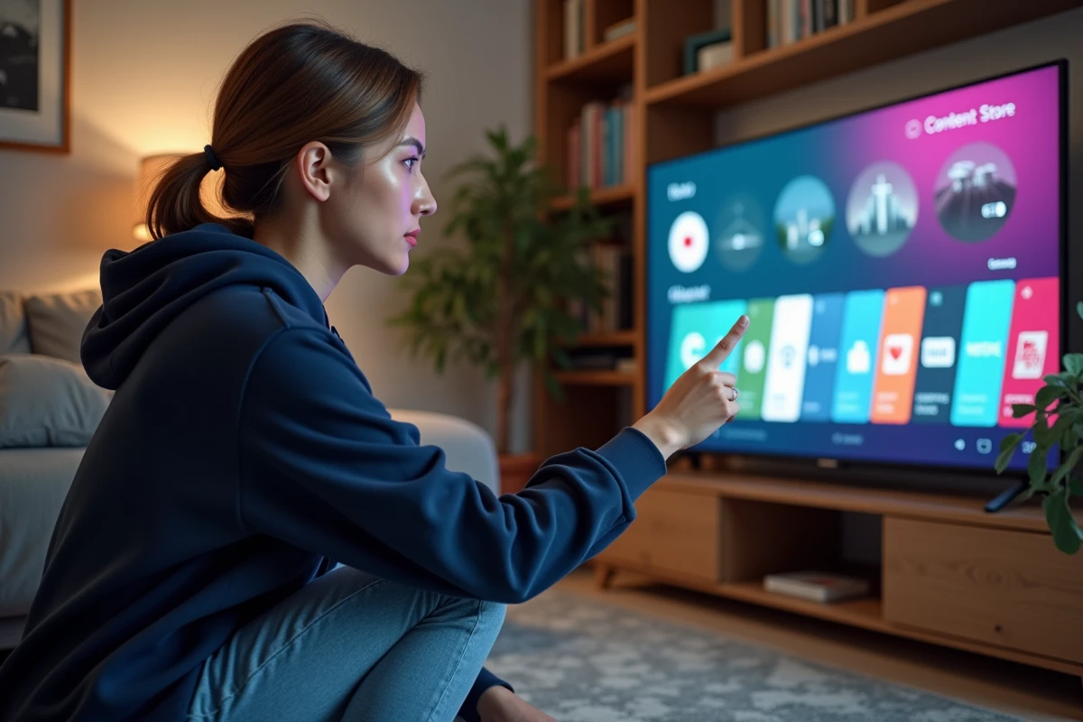 Femme configurant les paramètres d'application sur une Smart TV LG WebOS pour installer le Play Store depuis le Content Store