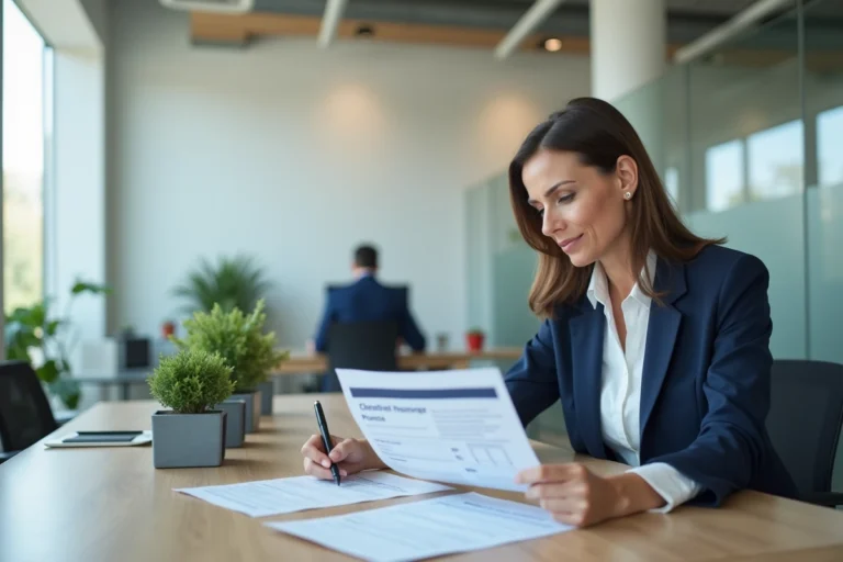 Conseillère en assurance santé Matmut Ociane consultant des documents dans une agence moderne