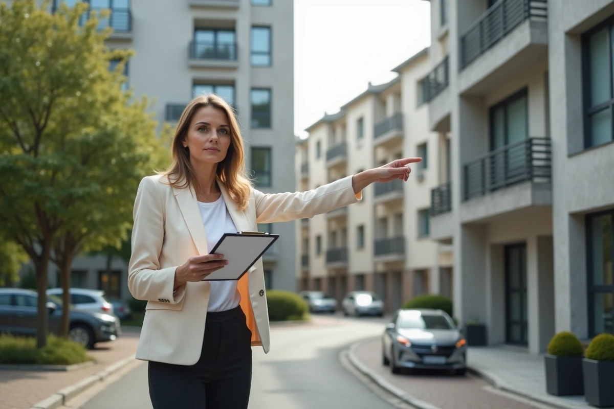 Conseillère en immobilier devant un immeuble résidentiel éligible au dispositif de Robien