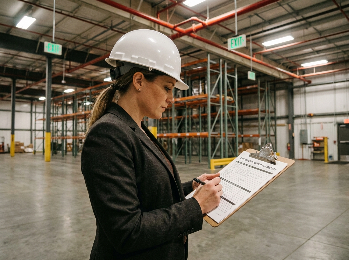 Consultante en sécurité incendie vérifiant un document de conformité dans un entrepôt industriel