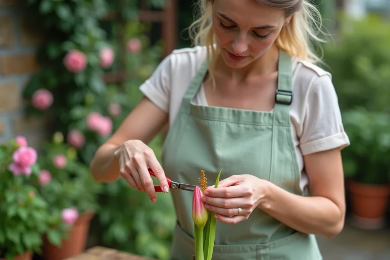 Femme qui coupe le pistil d'un lys rose dans un jardin de campagne avec des ciseaux de jardinage