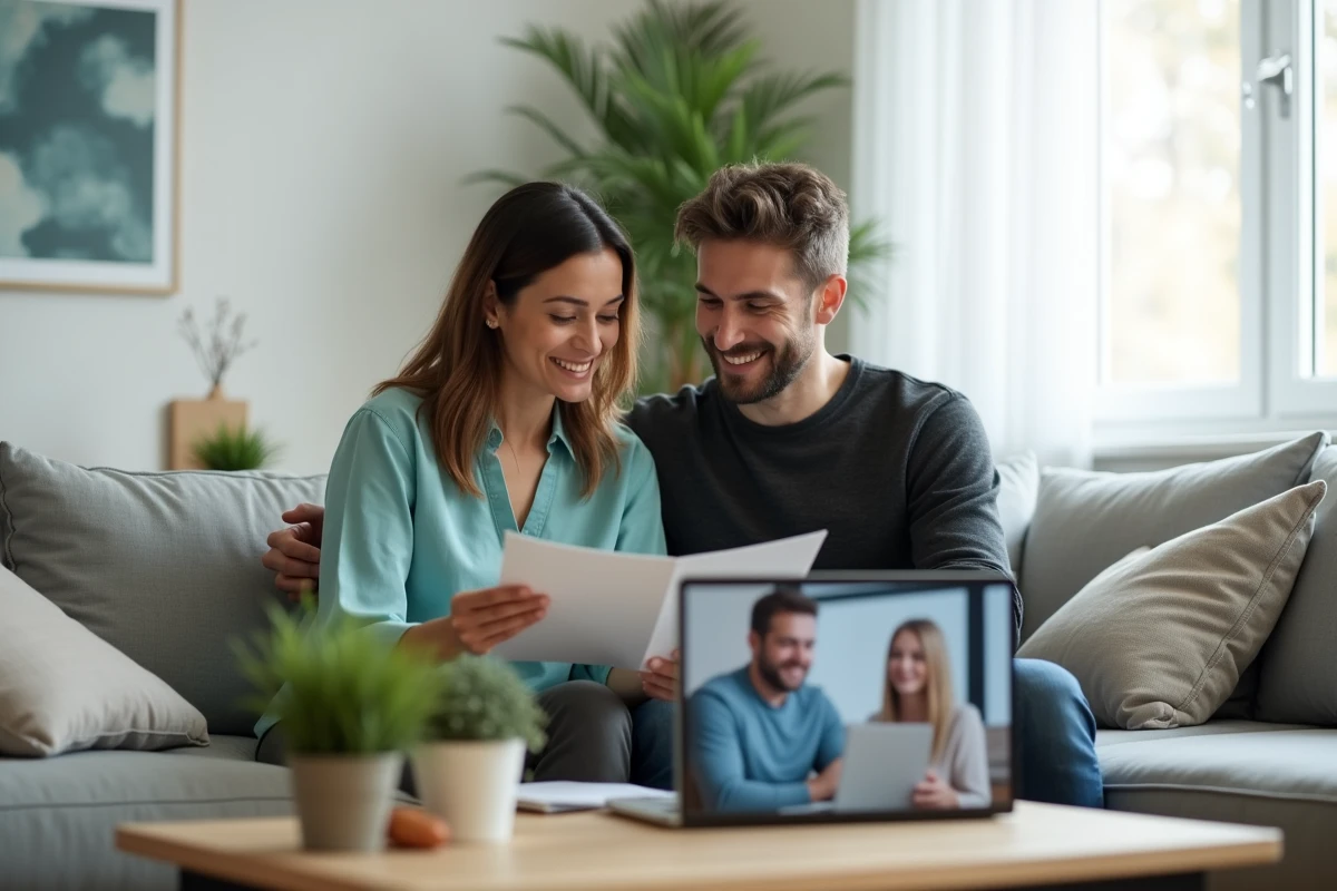Couple examinant une brochure d'assurance santé Matmut Ociane lors d'un appel service client en vidéo