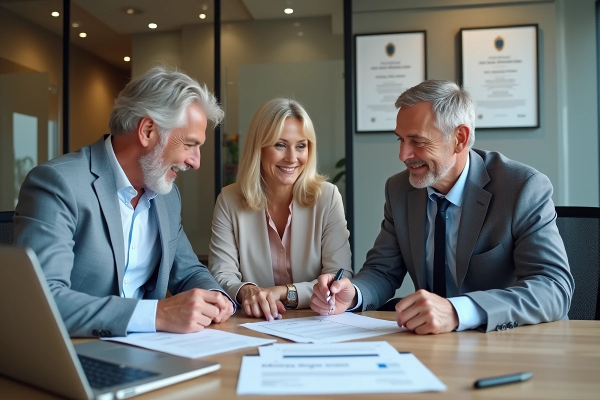 Couple rencontrant un conseiller financier pour optimiser leur investissement locatif sous le dispositif de Robien