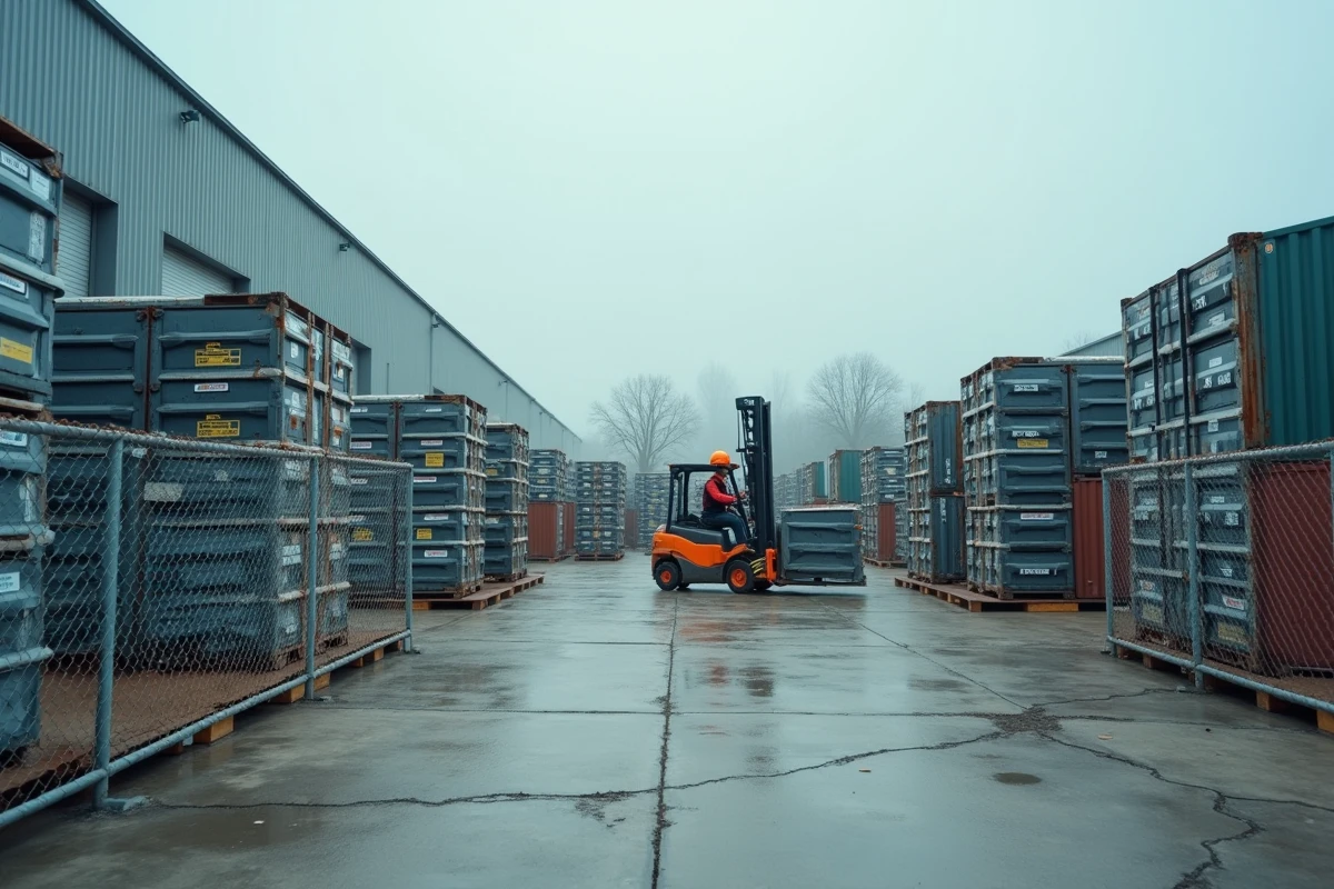 Cour de tri extérieure de batteries de véhicules électriques en fin de vie dans un parc industriel automobile