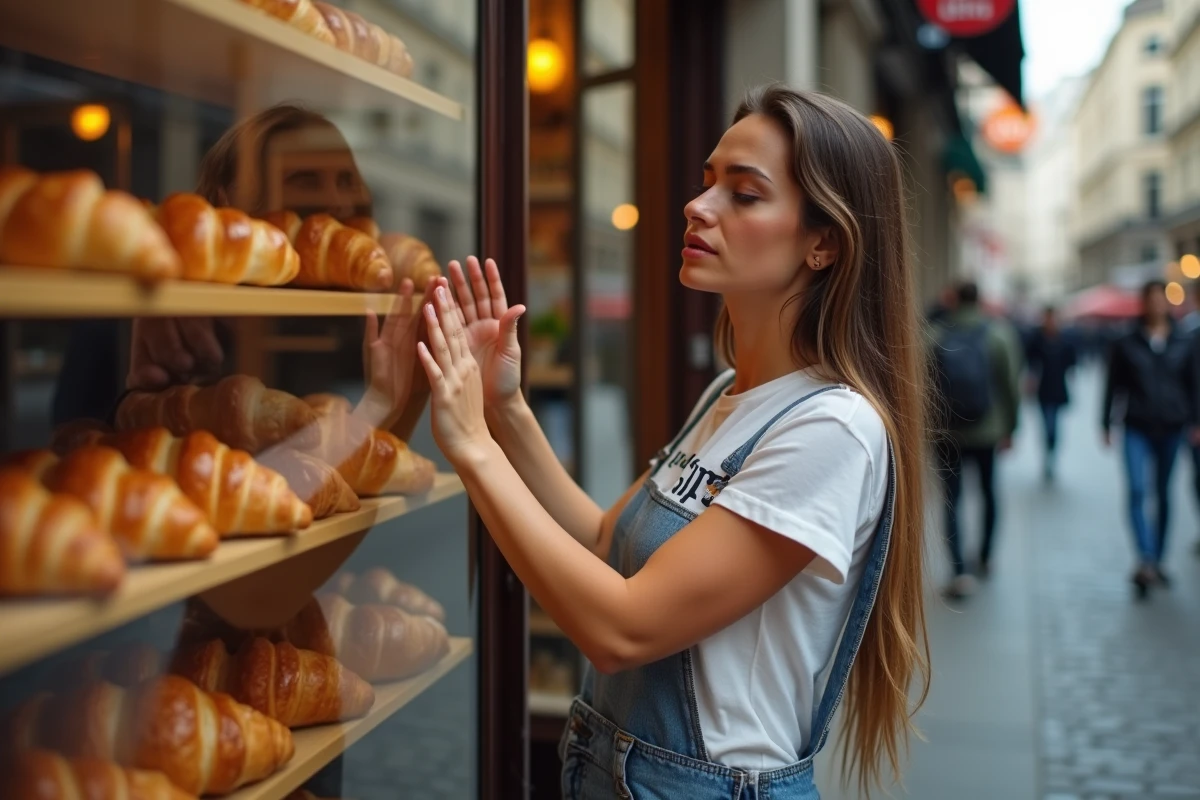 Un jeune adulte collé à la vitrine d'une boulangerie parisienne avec une expression de craving intense, illustrant 'crever la dalle'