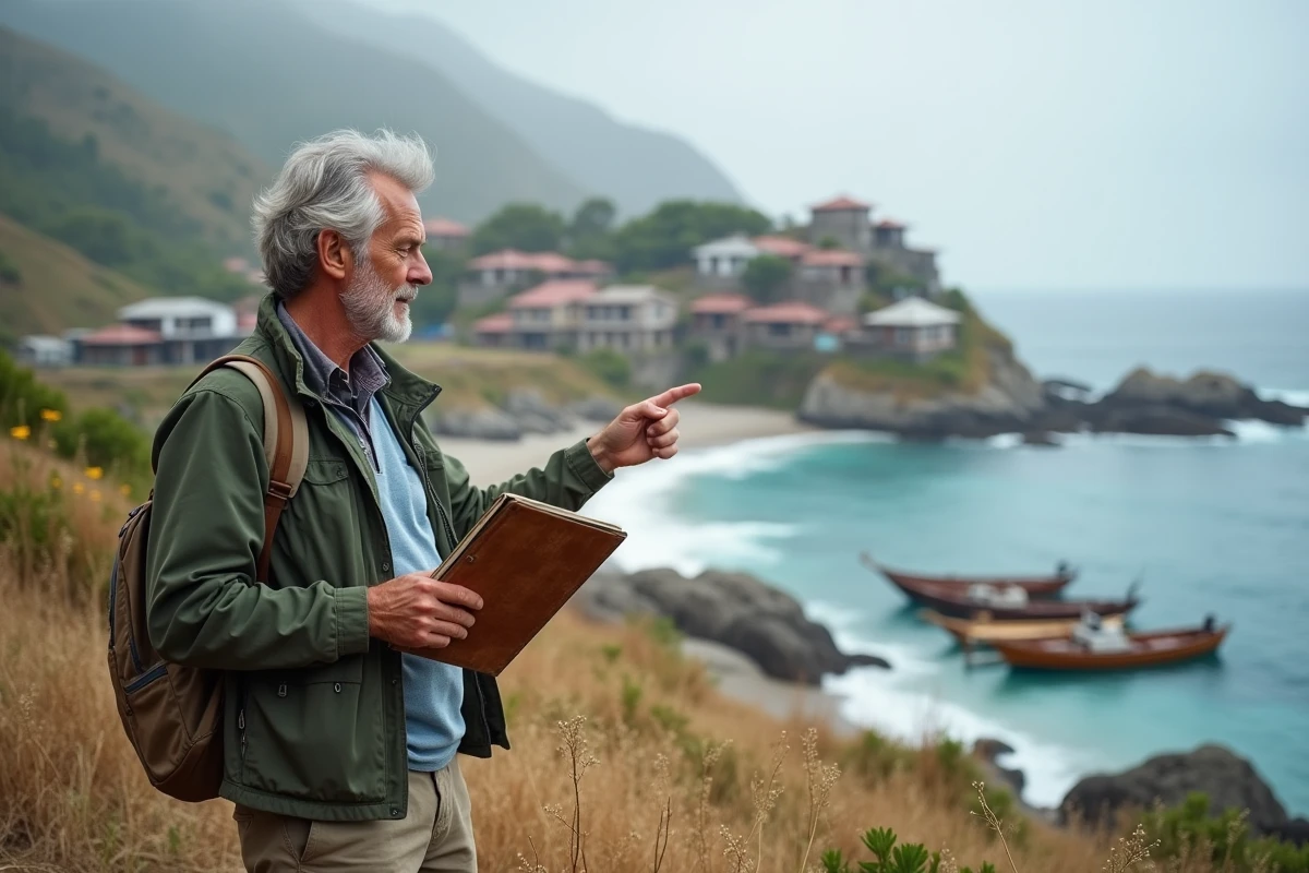 Éducateur environnemental expliquant les enjeux du tourisme durable à un groupe de visiteurs sur un littoral avec un village de pêcheurs en arrière-plan