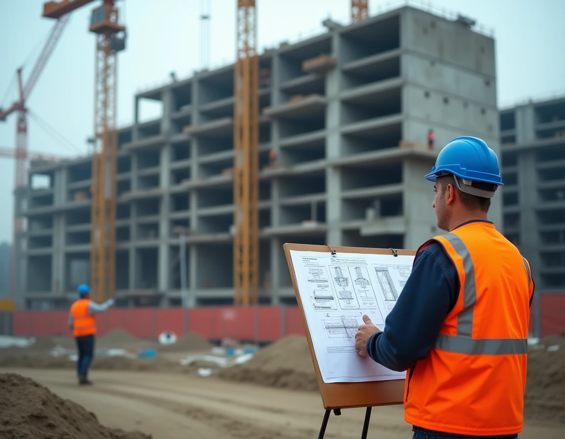 Grand chantier Eiffage Immobilier avec un ingénieur de terrain consultant des plans de structure béton