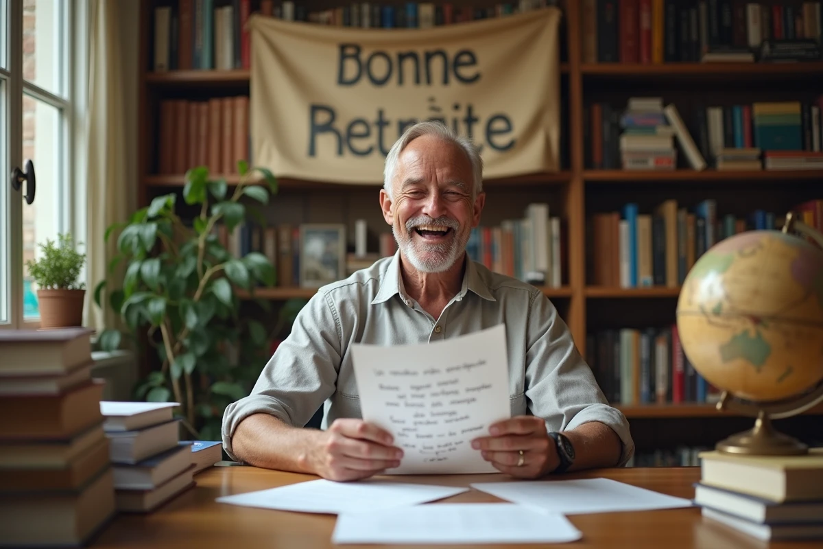 Enseignant retraité souriant en lisant des textes humoristiques d'adieu dans son bureau à domicile