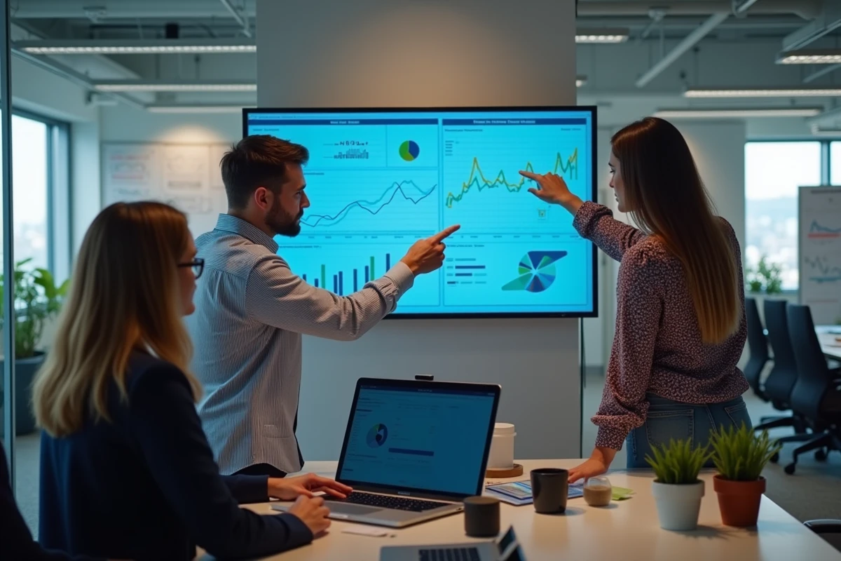 Équipe de professionnels analysant des tendances et données web sur grand écran dans un open space