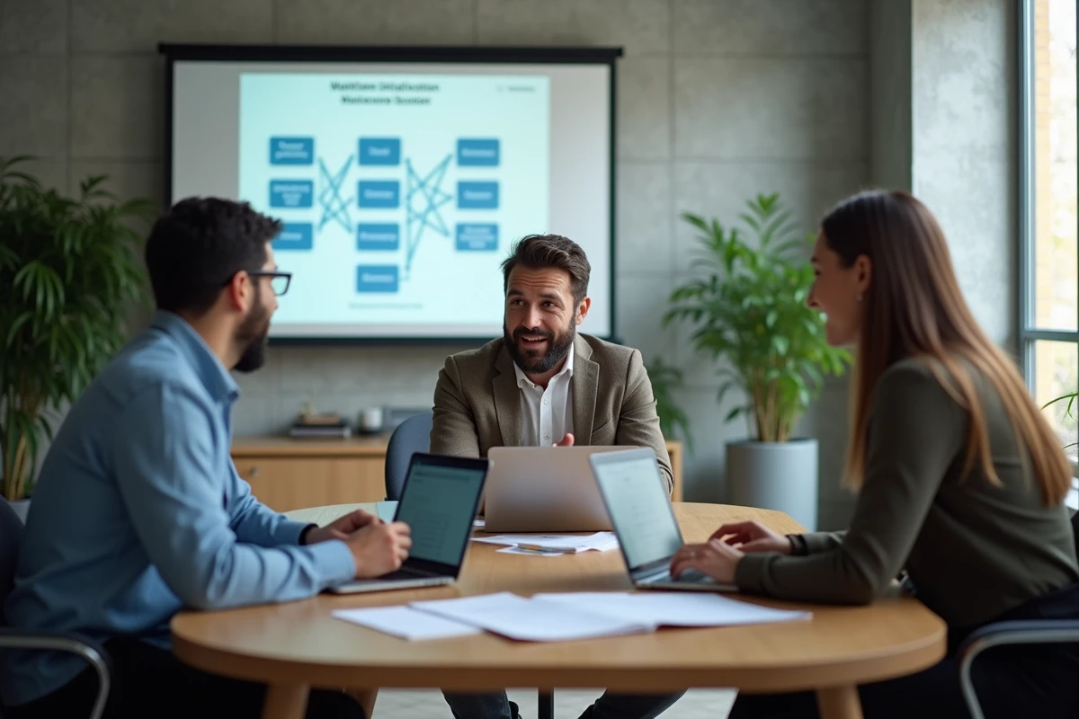 Équipe de professionnels en réunion analysant des données d'entreprise avec la solution Prolencia Smart FR