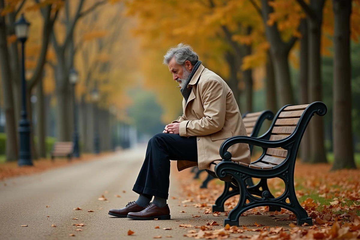 Un homme adulte assis sur un banc parisien regardant ses chaussures avec une expression affamée, illustrant 'l'estomac dans les talons'