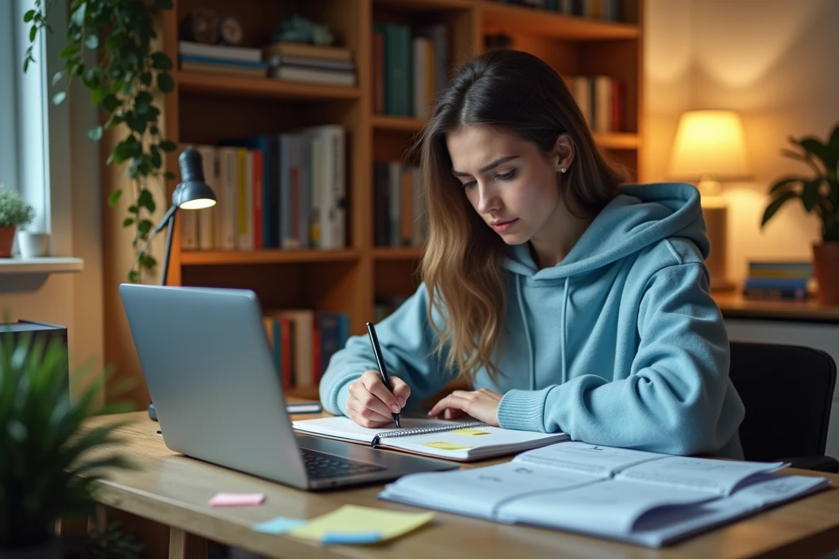 Étudiante consultant son calendrier Cyclades et notant les dates du bac 2026 dans un agenda sur un bureau encombré de documents scolaires