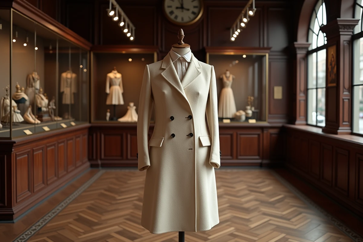 Manteau cérémoniel royal exposé sur un mannequin dans un musée britannique, illustrant les mesures et la taille historique de la reine Elizabeth II