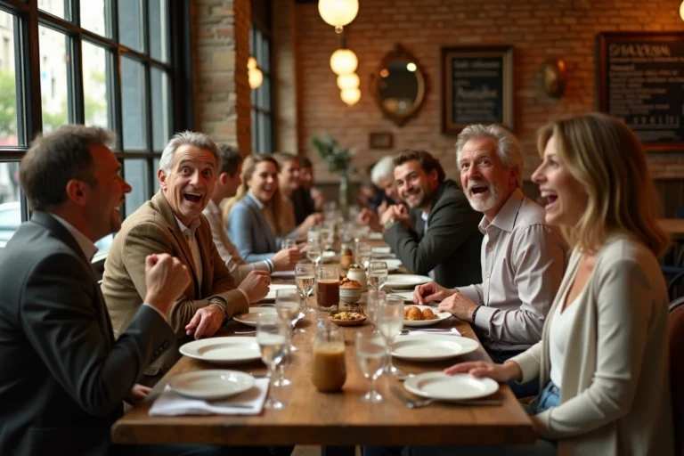 Un groupe d'adultes affamés autour d'une table de bistro français, exprimant leur faim avec des gestes animés