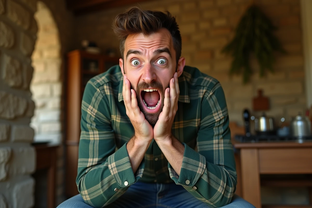 Un homme adulte imitant un loup affamé dans une cuisine rustique, illustrant l'expression 'avoir une faim de loup'