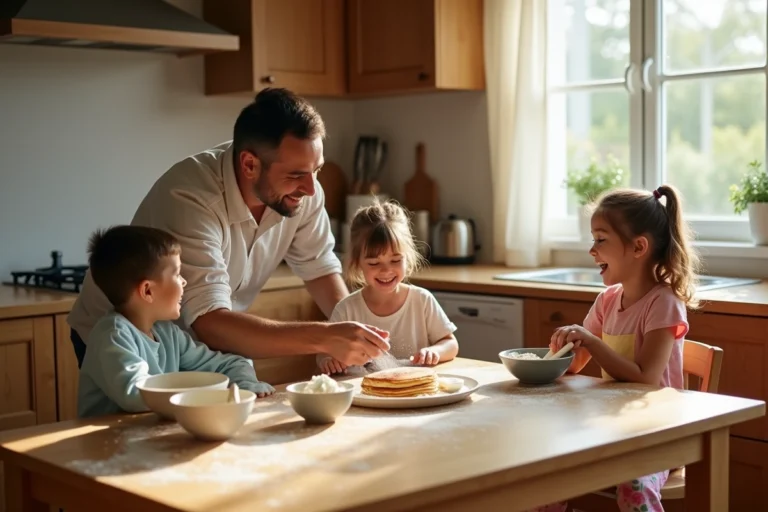 Famille réunie autour d'une table en bois pour préparer des pancakes ensemble un matin de week-end dans une cuisine chaleureuse