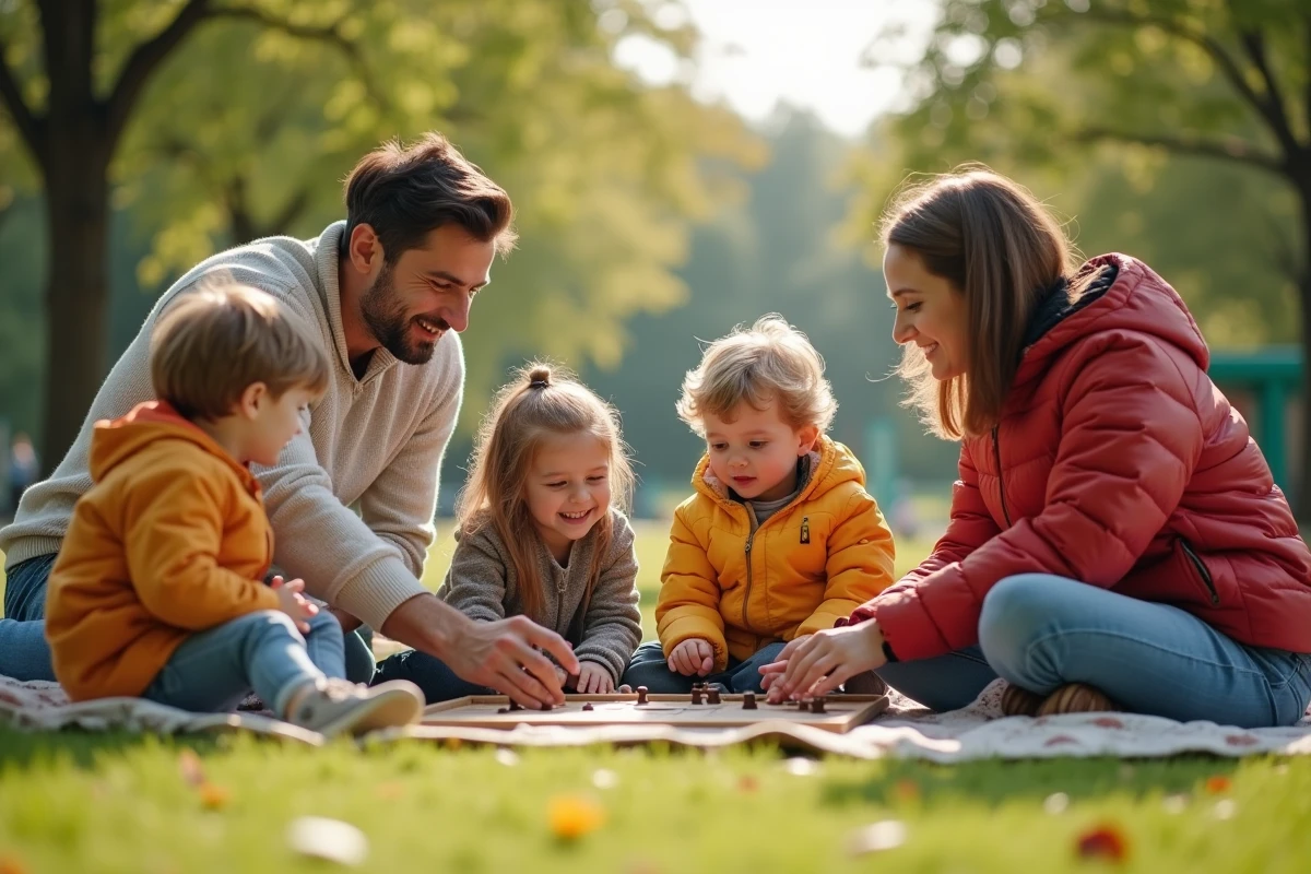 Famille jouant ensemble dans un parc en plein air