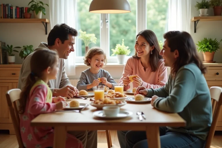 Famille souriante partageant un petit déjeuner convivial à la maison