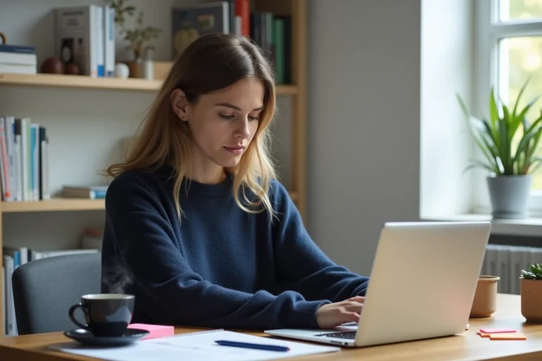 Femme consultant des actualités et tendances web sur un ordinateur portable dans un bureau à domicile moderne