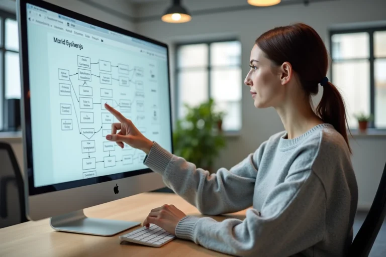 Femme analysant une carte de site web structurée sur un grand écran dans un bureau moderne
