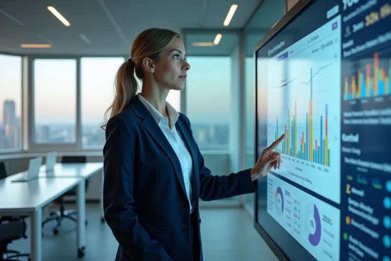 Femme cadre utilisant un tableau de bord de gestion des données Prolencia Smart FR sur un écran tactile dans un bureau moderne