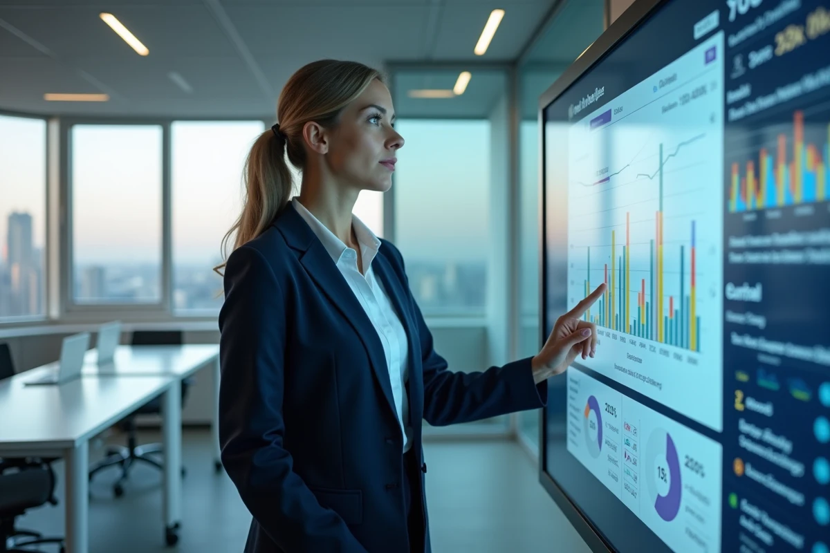 Femme cadre utilisant un tableau de bord de gestion des données Prolencia Smart FR sur un écran tactile dans un bureau moderne