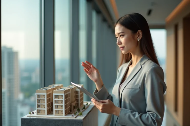 Femme d'affaires avec tablette et modele immobilier