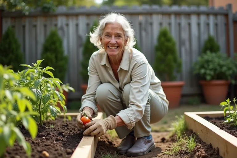 Femme retraitée souriante entretenant son potager, activité physique douce recommandée après 60 ans