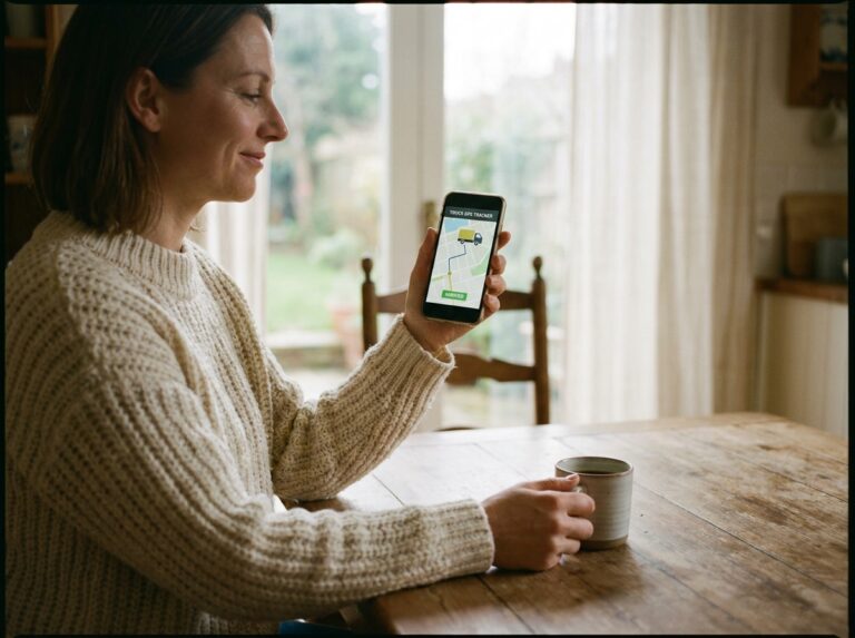 Femme soulagée consultant une application de suivi GPS de camion en temps réel sur son smartphone dans une cuisine chaleureuse