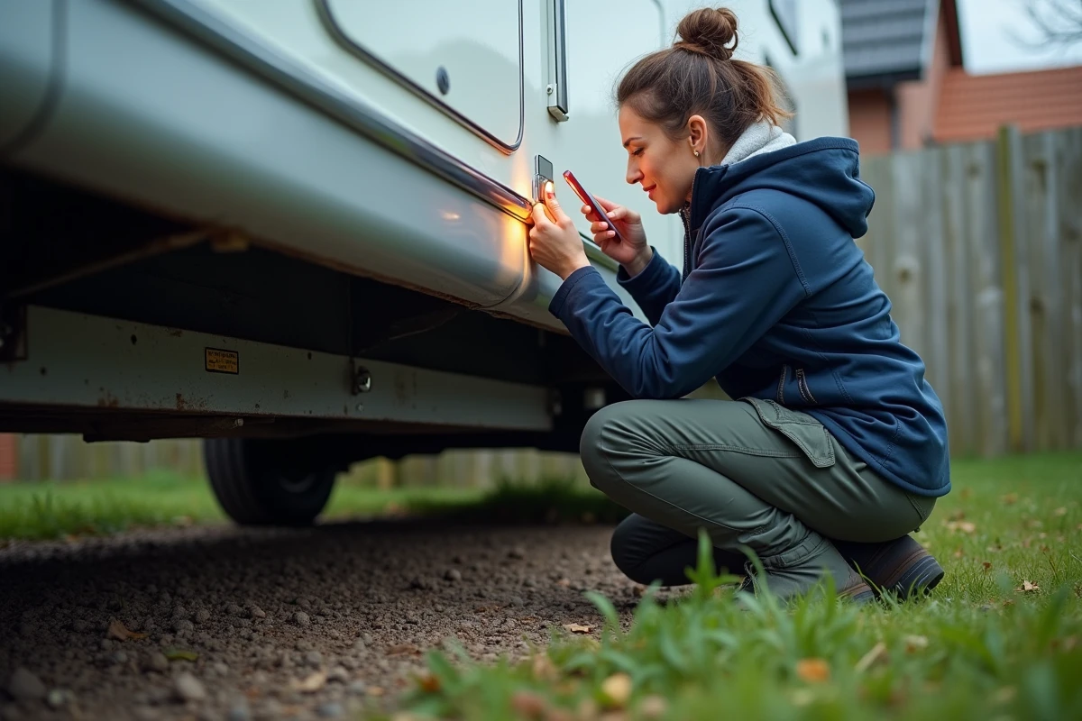 Femme photographiant le numéro de châssis sous un mobil-home avec son smartphone pour identifier l'année du véhicule