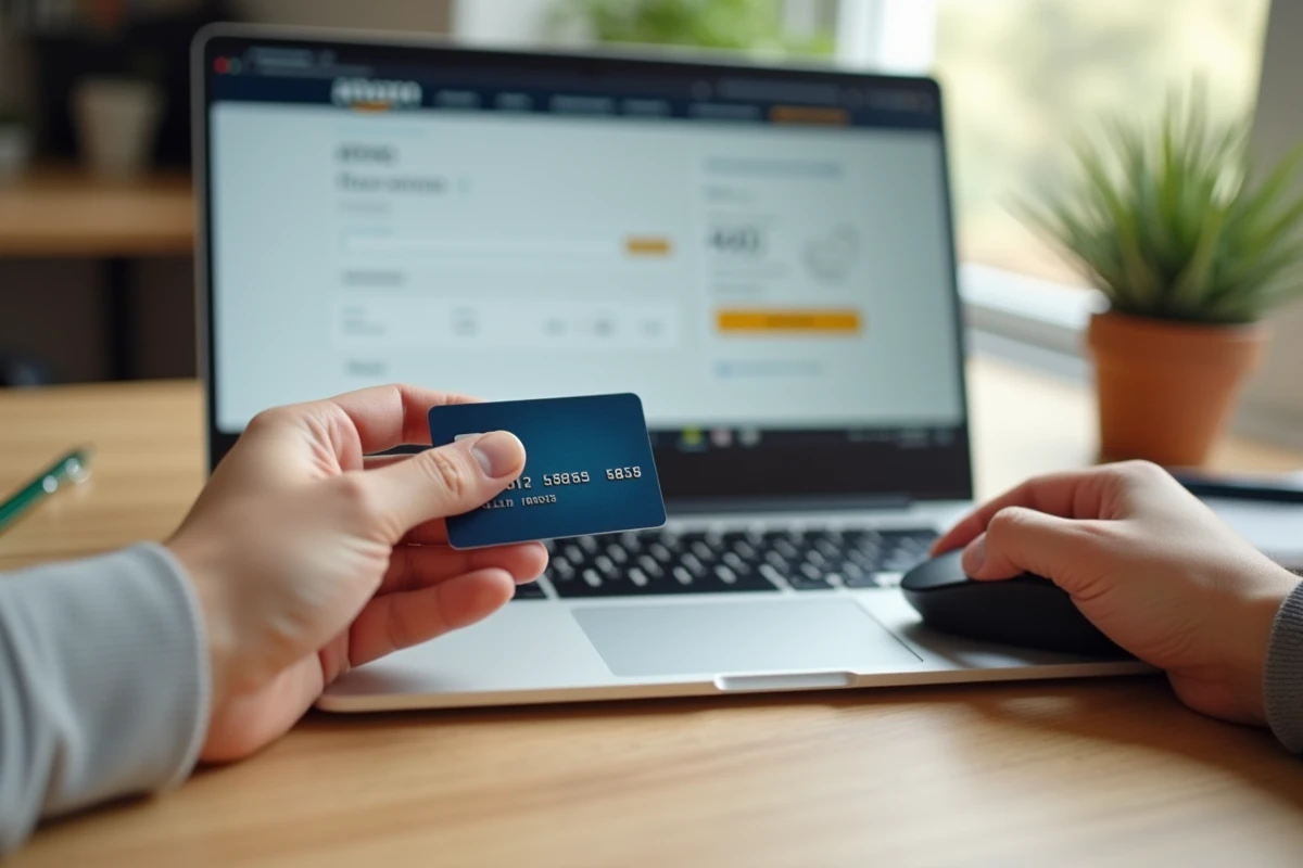 Gros plan de mains tenant une carte bancaire lors d'un achat Amazon sans demande de cryptogramme ni authentification 3D Secure