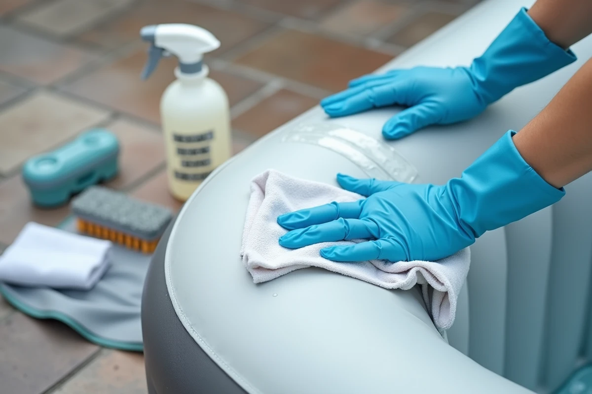 Gros plan sur le nettoyage intérieur d'un spa gonflable avec un chiffon imbibé de javel diluée