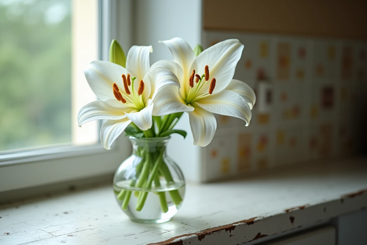 Gros plan sur le pistil et les étamines oranges d'un lys blanc dans un vase en verre sur un rebord de fenêtre