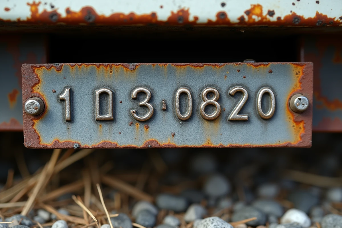 Gros plan sur la plaque de numéro de châssis gravé d'un mobil-home montrant les caractères du numéro de série VIN permettant de connaître l'année de fabrication