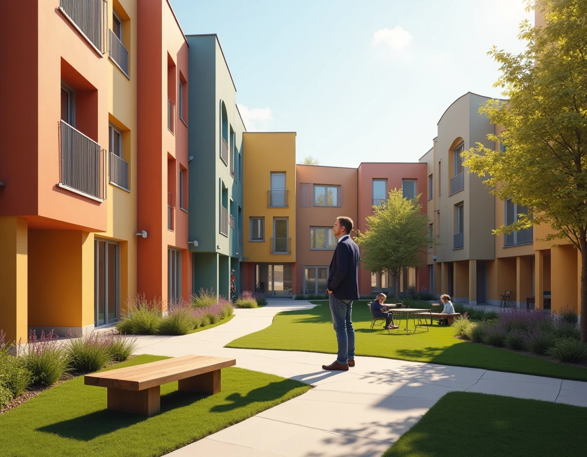 Résidence de logement abordable du Groupe Gambetta avec espace commun extérieur et rencontre entre gestionnaire et résidents
